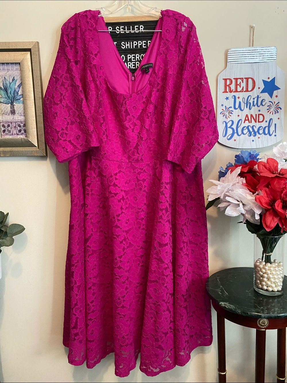 Lane Bryant Fuchsia Lace A-Line Dress w/ 3/4 Sleeves Size 28